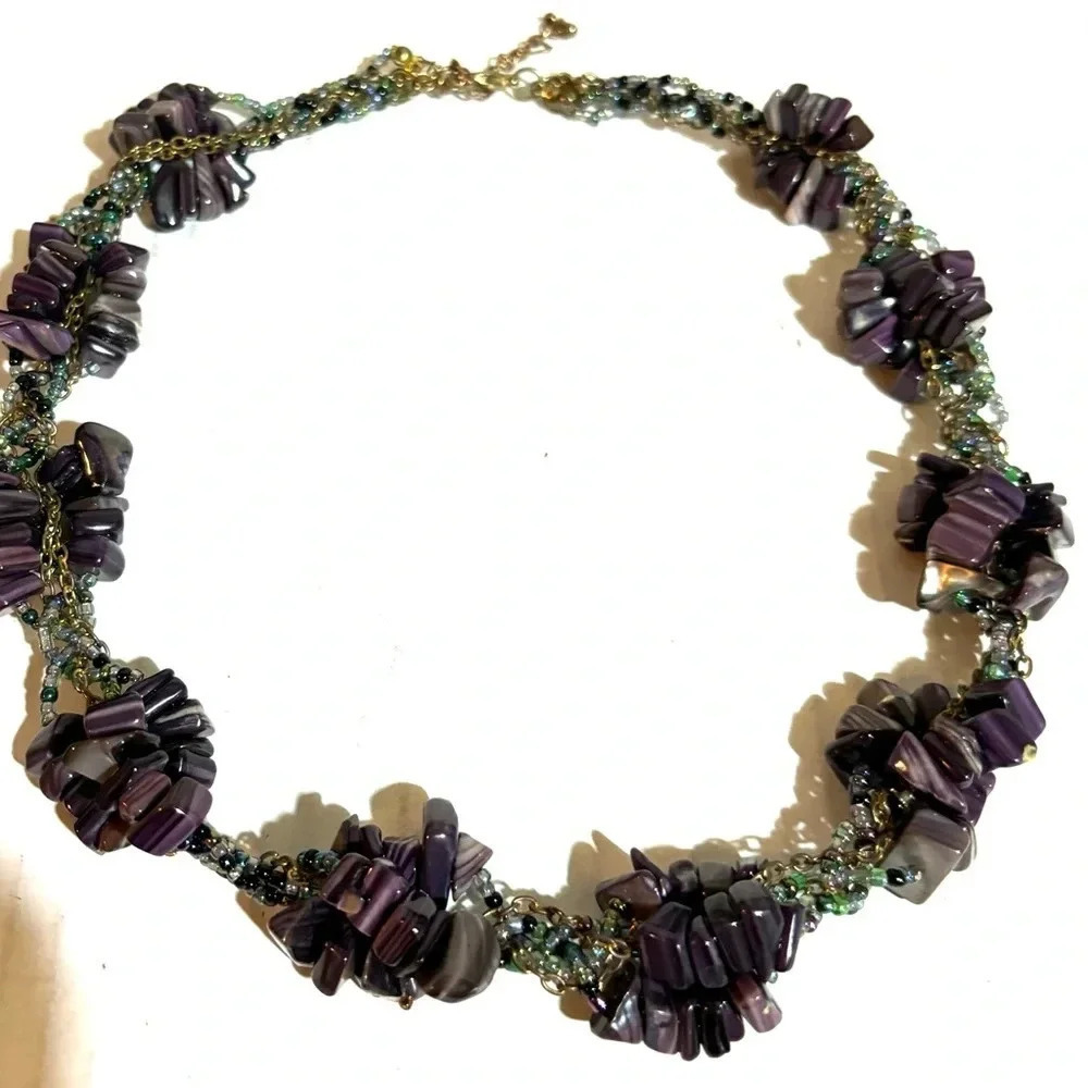 Amethyst gemstone with multicolors glass beads necklace adjustable